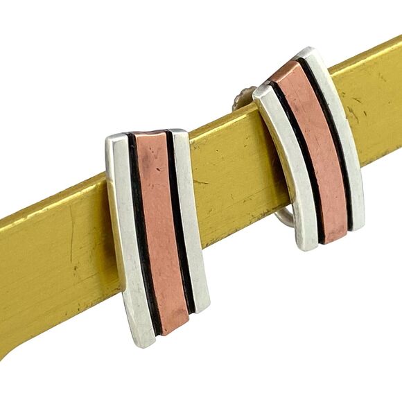 Copper Tri Panel Screw Back Earrings | Vintage Estate Sterling Silver 925 - Picture 8 of 11